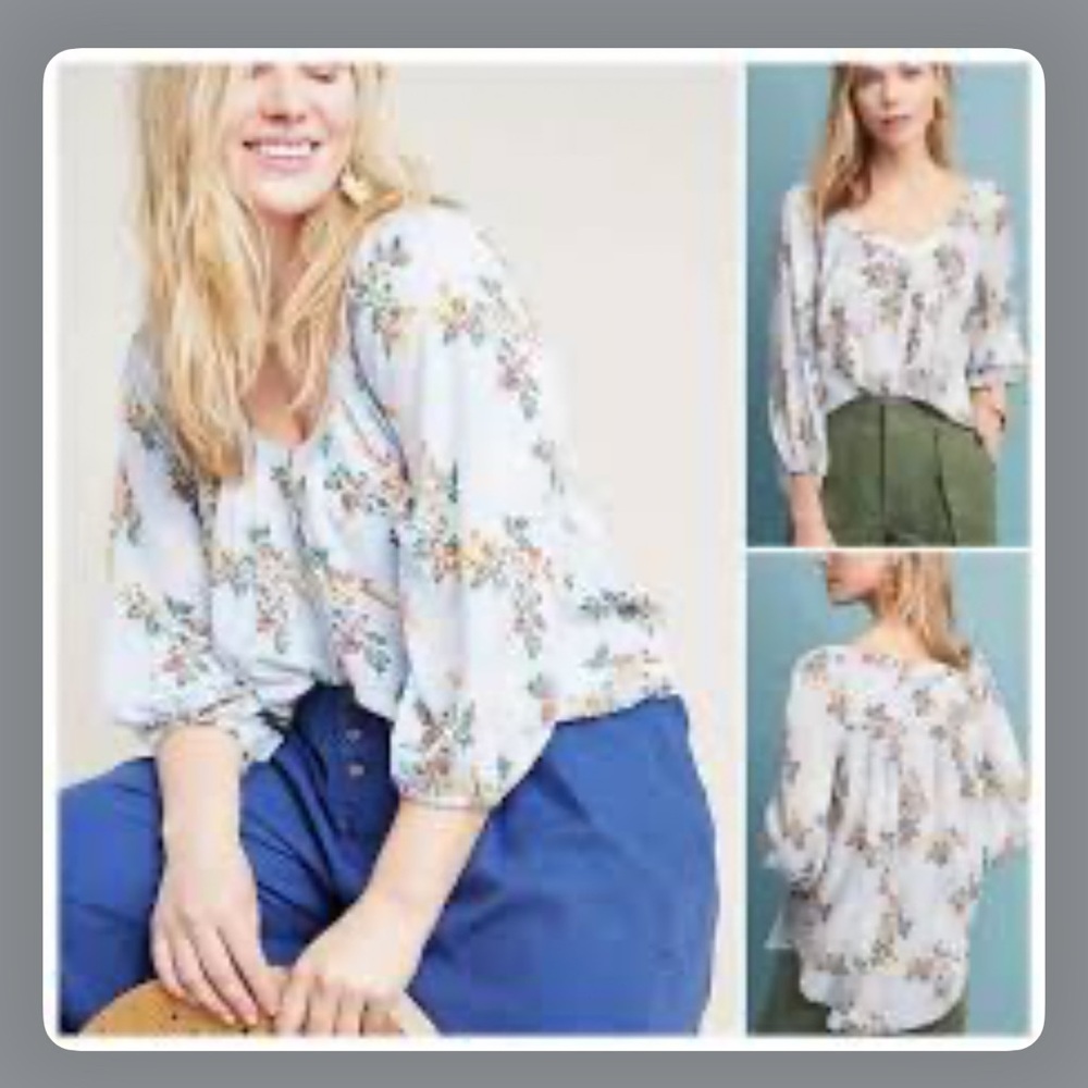 Maeve Anthropologie Boswell Blue Striped Floral Boho Peasant Flowy Blouse Size 8 - Picture 3 of 5